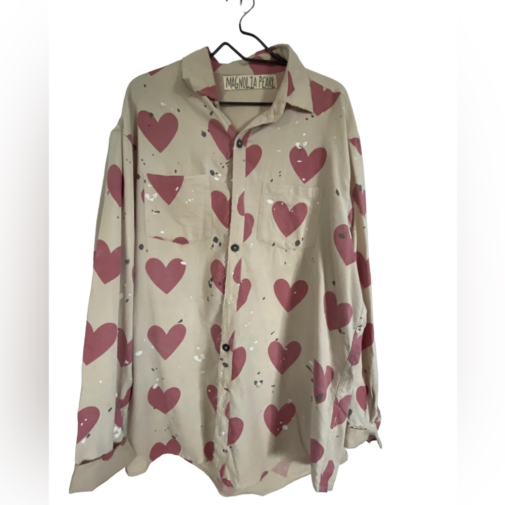 Magnolia Pearl Oversized Cotton Twill Kelly Western Button Down/ with LOVE print